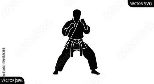 Karate fighter silhouette in fighting stance, martial arts, sport, black and white, vector