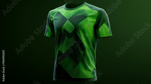 13.Front-facing green t-shirt design showcasing interlocking triangular shapes with varying depths, smooth color transitions, and clean contours, ideal for a modern soccer apparel template.