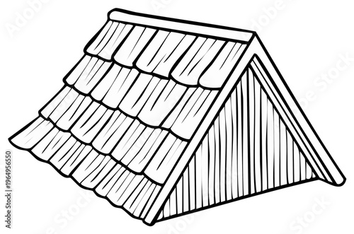 Hand-drawn illustration of a triangular roof section with overlapping shingles and vertical siding