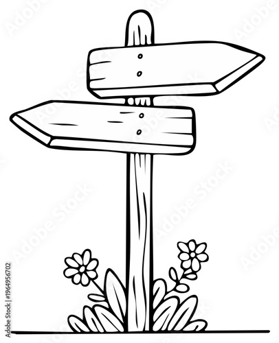 Wooden signpost with two arrows pointing in opposite directions surrounded by cartoon flowers and leaves