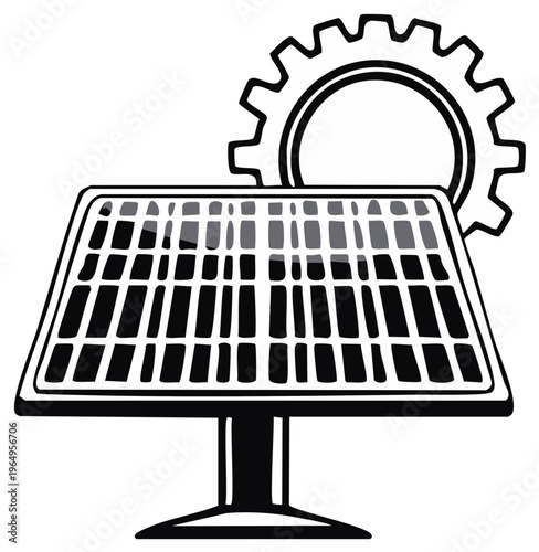 Renewable energy with solar panel and gear outline for green technology innovation