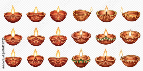 Set of traditional Indian oil lamps, or diyas, for Diwali celebration, featuring various designs and glowing flames on a transparent background.