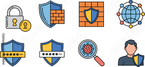 Professional cyber security protection vector icon set including data encryption firewall and antivirus scanning symbols for technology business, 18 words.