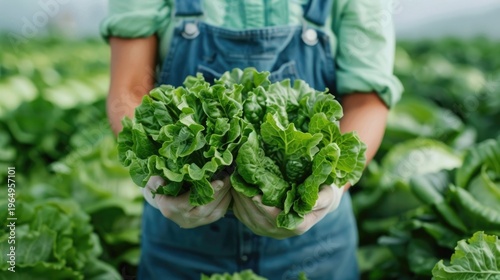 A farmer wearing denim overalls and gloves displays two heads of crisp organic lettuce grown in a sustainable greenhouse ready for harvest