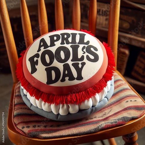 Whoopie Cushion April Fools Day. Whoopie cushion on a chair with the words April Fools Day printed on it., created with generative ai