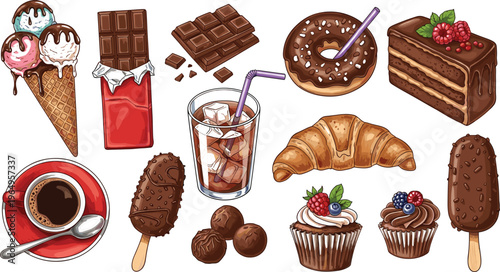 Premium chocolate dessert collection featuring cocoa truffles ice cream bars dark chocolate cake and hot espresso for cafe menus