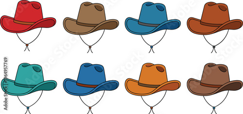 Colorful cowboy hat vector set featuring western style headwear icons for rodeo country music and wild west design, 18 words.