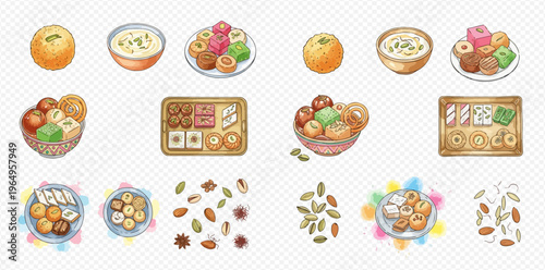 Watercolor illustration set of traditional Indian sweets and dry fruits, perfect for Diwali and other celebrations.