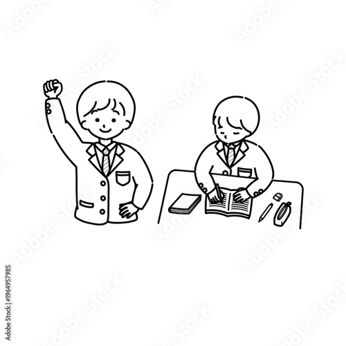 机に向かう学生2(線画)