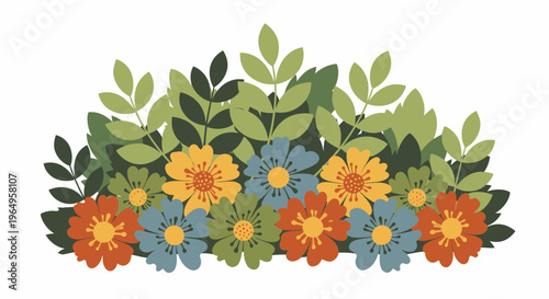 Colorful flowers with green leaves arrangement.