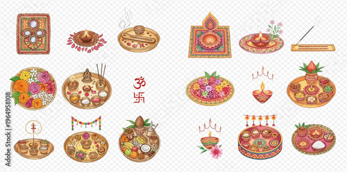Set of traditional Indian Pooja thali and religious items for spiritual rituals and festivals.
