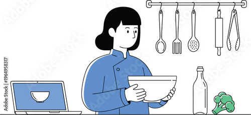 Professional female chef in blue uniform holding mixing bowl using laptop for digital recipes in kitchen workspace vector illustration