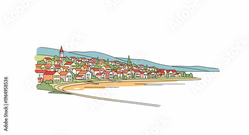 Colorful illustration of a coastal town.