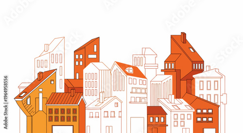 Colorful illustration of city buildings.