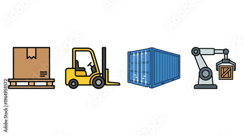 A collection of four icons representing various aspects of logistics, supply chain, and industrial automation, including packaging, material handling, and shipping.