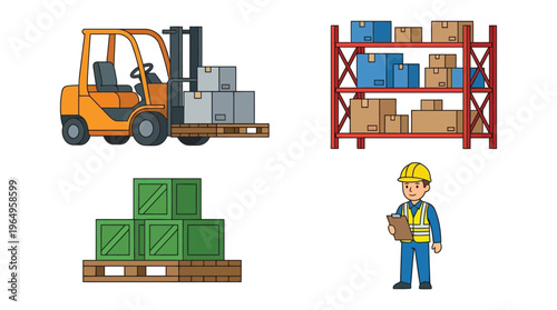 Industrial logistics scene featuring a forklift moving boxes, warehouse shelving with inventory, stacked crates on pallets, and a worker managing operations.