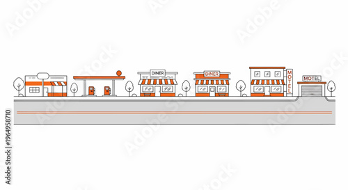 Colorful illustration of train station buildings.