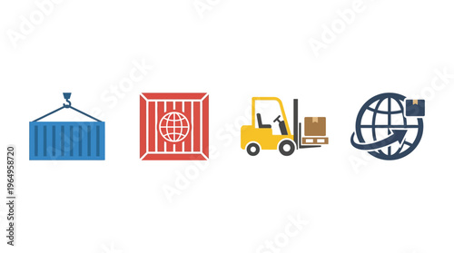 Icons representing global logistics, shipping, cargo, and transportation services with container, crate, forklift, and worldwide delivery symbols.