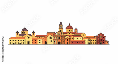 Colorful illustration of old buildings.