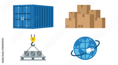 A collection of four logistics and shipping icons including a container, stacked boxes, a crane lifting a pallet, and a global delivery symbol.