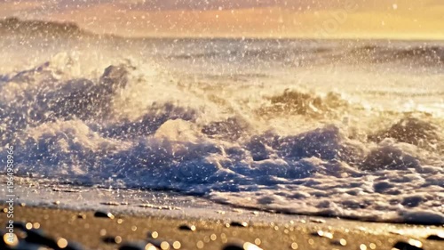 A large wave crashes onto a sandy beach at sunset, with spray and foam