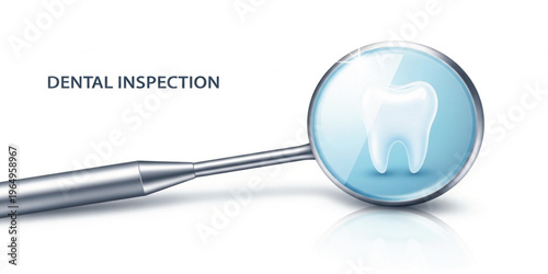 Dental Inspection Concept with Dentist Mirror and Tooth Illustration Representing Oral Examination, Healthcare Checkup, Hygiene Monitoring, and Professional Dentistry Services Design