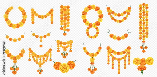 Set of vibrant marigold flower garlands and decorations, perfect for Indian festivals and celebrations, featuring various traditional designs and arrangements.