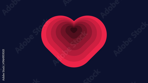 A shiny 3D red heart vector illustration on a black and blue background creates a romantic passion symbol for a Valentine's Day holiday celebration card design