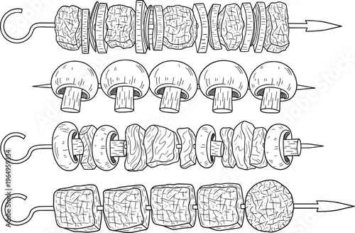 Hand drawn vintage sketch of barbecue skewers with grilled meat mushrooms and vegetables for rustic restaurant menus and outdoor grilling