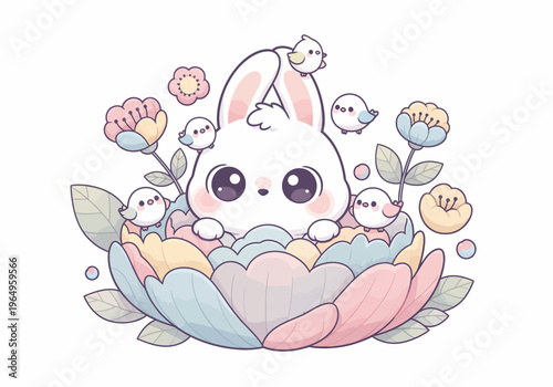 Cute cartoon bunny in flower.
