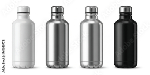 Stainless Steel Water Bottle Set with Different Colors and Finishes Isolated on White Background for Mockup, Branding, Packaging Design, and Product Presentation