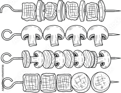 Grilled shashlik skewers vector set featuring meat cubes, fresh mushrooms, and sliced vegetables for barbecue party menus and summer grilling concepts