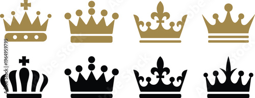 Luxury gold and black royal crown vector set for premium branding king queen monarchy heraldic silhouette icon collection, 18 words.