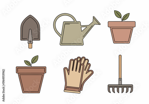 Gardening tools and plant pots icons.