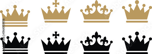 Luxury gold and black royal crown vector set for premium branding king queen monarchy heraldic silhouette icon collection, 18 words.collection, 18 words.