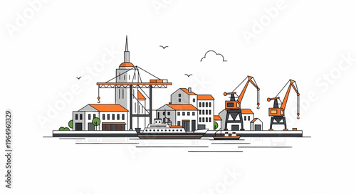 Industrial harbor with cargo ships docked.