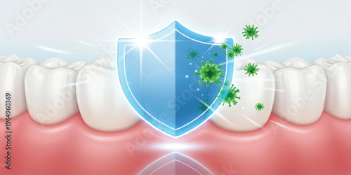 Dental Hygiene Protection Concept with Teeth and Shield Blocking Bacteria Illustration Representing Oral Care, Infection Prevention, Healthcare Safety, and Clean Healthy Smile Design