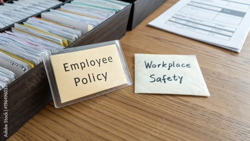 Document Organization on a Desk with Employee Policy and Workplace Safety Notes in a Modern Office Setting
