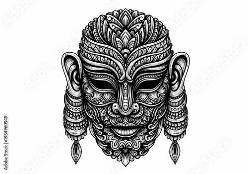 Intricately designed Thai mask face closeup.