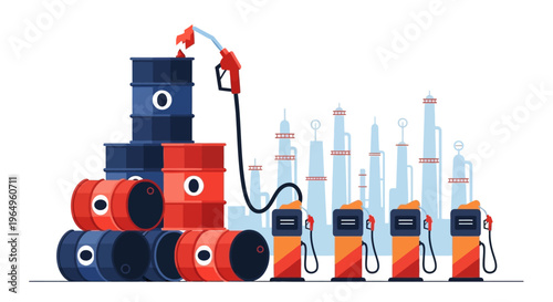 Illustration of oil barrels and industrial equipment with gas pumps against a white background, symbolizing the oil supply crisis and energy shortage in the industry and transportation