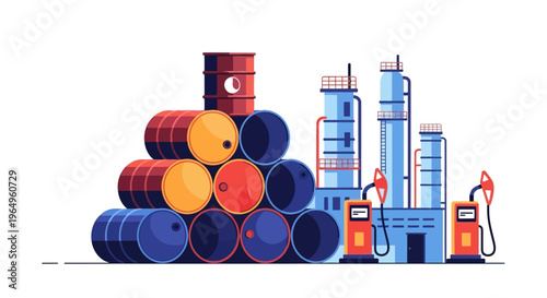 Illustration of stacked oil barrels and industrial equipment including gas pumps and towers on a plain background symbolizing the oil supply crisis and energy industry with a focus on