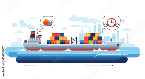 Illustration of a cargo ship navigating through a city skyline with a clock and oil barrel icons, representing the impact of oil supply crisis on global transportation and industry.