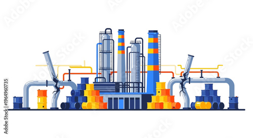An illustration of an industrial oil refinery with pipes and smokestacks against a clean white background, conveying a sense of energy crisis and industry.