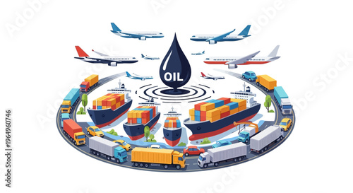 Illustration of oil supply crisis concept with various transportation modes and industrial icons on a white background