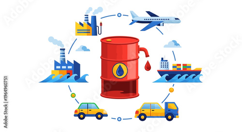 Illustration of oil supply crisis concept with airplane, cars, and industrial icons around a central oil barrel on a white background.
