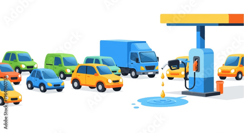 Illustration of cars lined up at a gas pump with oil leaking on the ground, depicting an oil supply crisis and energy shortage in the transportation industry.