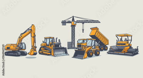 Heavy construction equipment vehicles lineup.