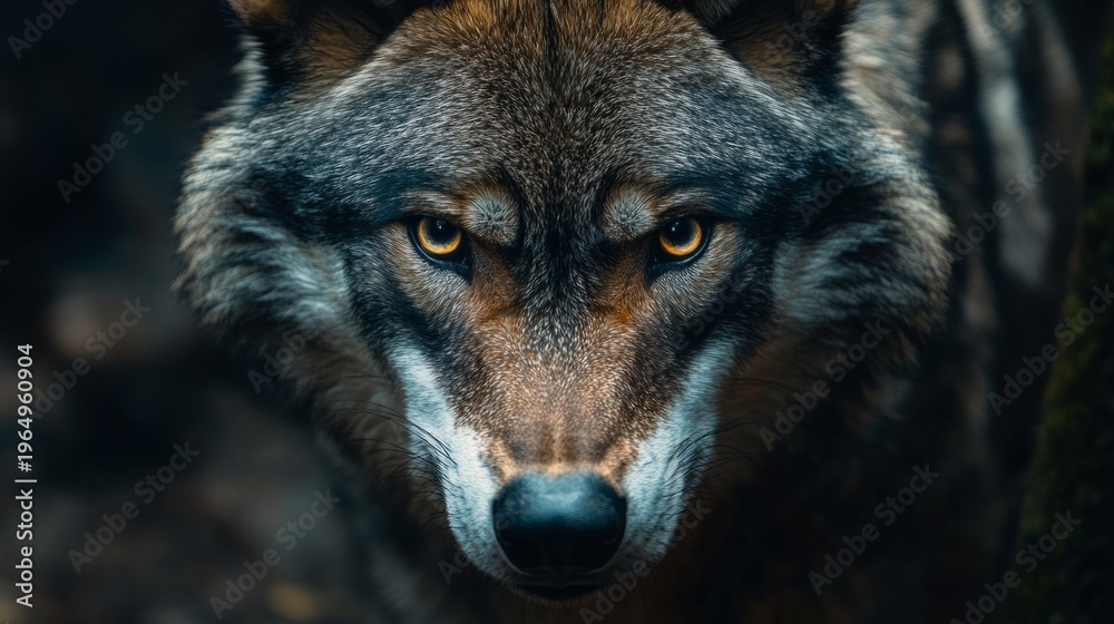 Obraz premium wolf staring directly into camera, intense eyes, dark forest background, generative ai