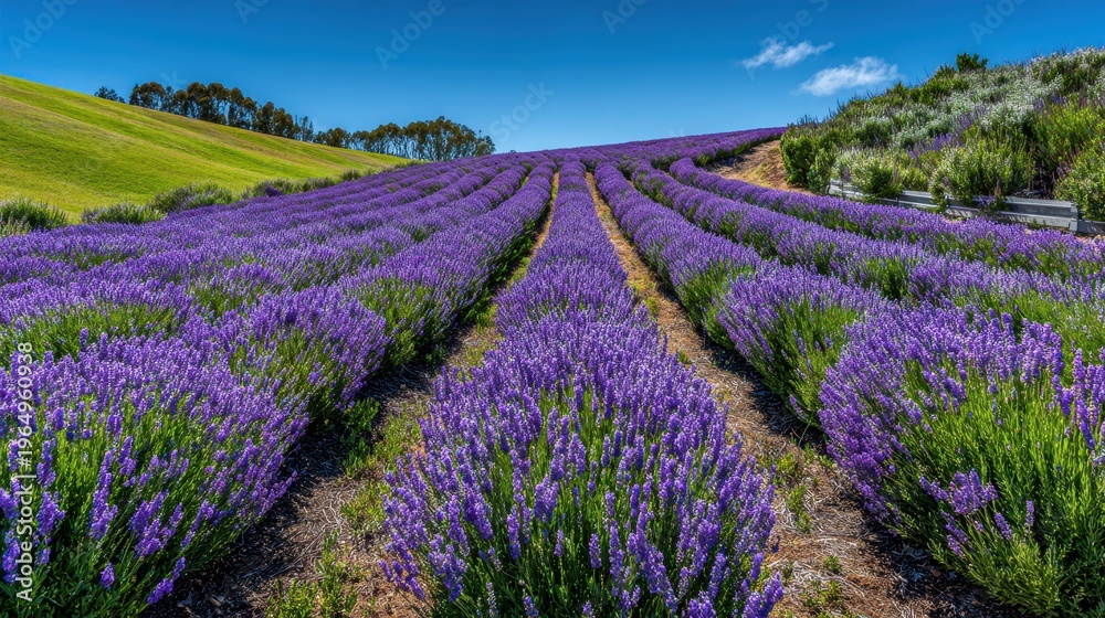Obraz premium Lavender Field Under Blue Sky: A vast field of vibrant lavender stretches towards the horizon, rows of purple flowers against a backdrop of rolling green hills under a bright blue sky.