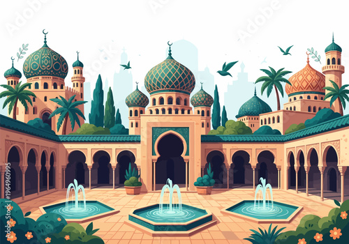 Large Mosque with Green Domes Architecture.
